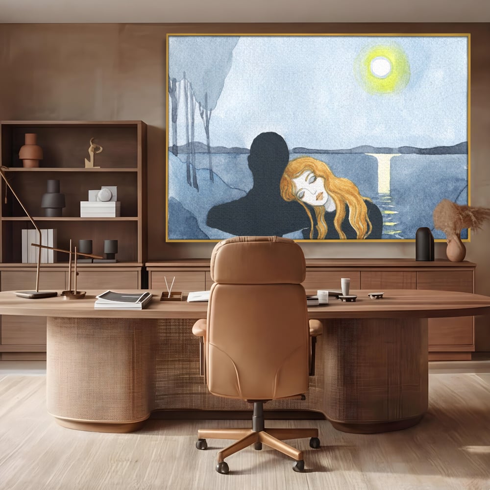 Tablou canvas cu pictura cu un cuplu langa lac, in rama de aluminiu auriu, pe perete intr-un birou